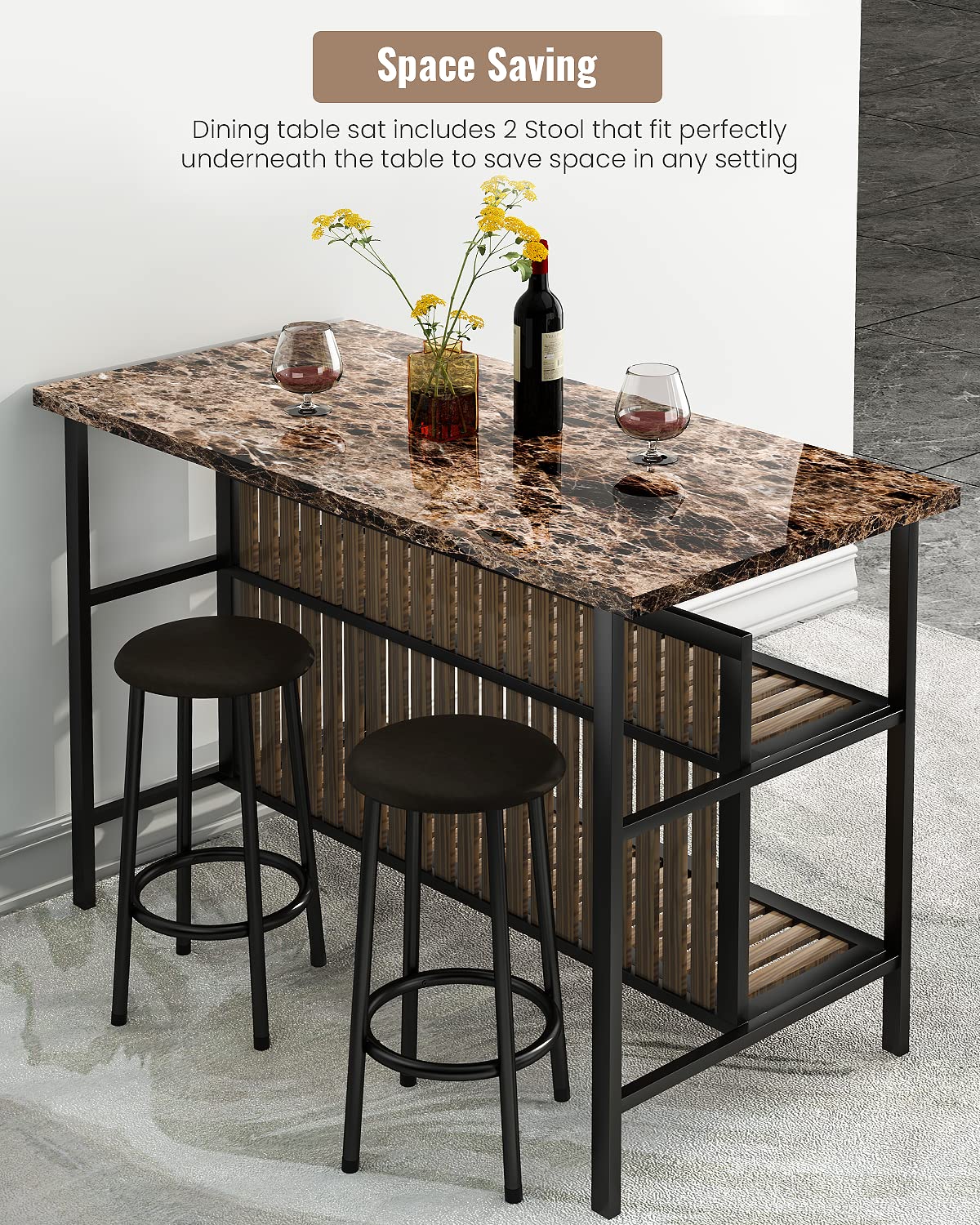 AWQM 3 Piece Bar Table Set with Storage, Kitchen Island with Seating Wooden Counter Height Table and Chairs Set, Brown