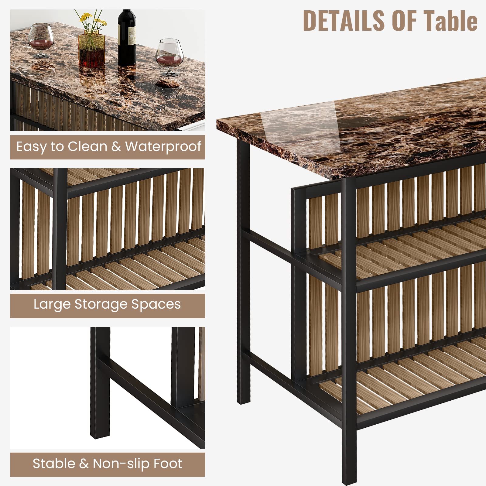 AWQM 3 Piece Bar Table Set with Storage, Kitchen Island with Seating Wooden Counter Height Table and Chairs Set, Brown