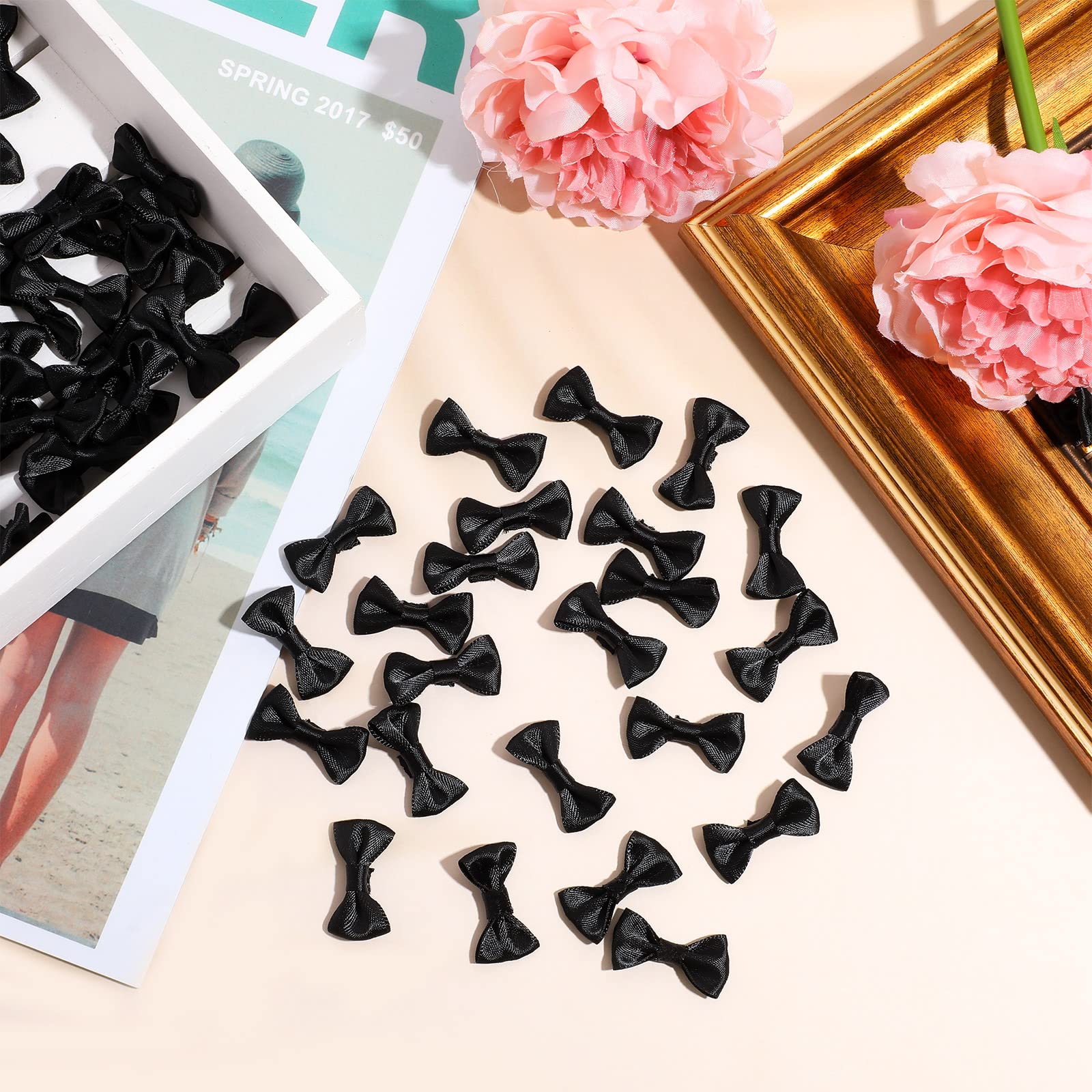 Dingion 100 Pieces Mini Satin Ribbon Black Bow Tie Wedding Flower Bows Soft Vintage Bows Bowknot for Treat Gift Wrapping Crafts Sewing Scrapbook Baby Shower Wedding Christmas Party Dress Hair