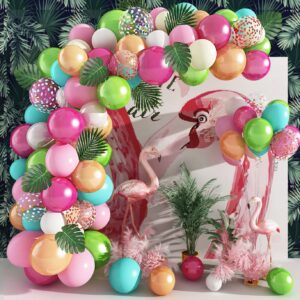 124Pcs Tropical Balloons Arch Garland Kit, Green Hot Pink Rose Gold Confetti Balloons Palm Leaves for Tropical Hawaiian Aloha Luau Flamingo Birthday Party Baby Shower Wedding Decorations