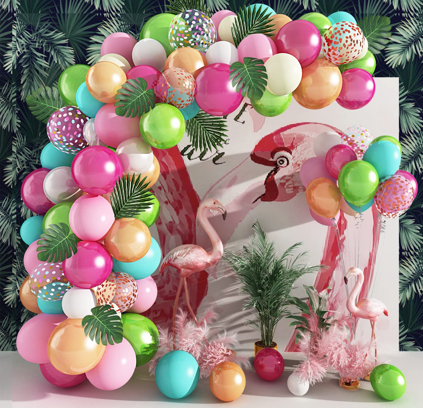 124Pcs Tropical Balloons Arch Garland Kit, Green Hot Pink Rose Gold Confetti Balloons Palm Leaves for Tropical Hawaiian Aloha Luau Flamingo Birthday Party Baby Shower Wedding Decorations