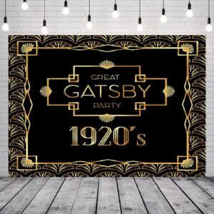 CORFOTO Fabric 9x6ft Gatsby Backdrop Photography Background for Birthday Party Decoration Black Gold Pattern Retro 1920s Roaring Holiday Celebration Prom Banner Dining Room Wall Hanging Props