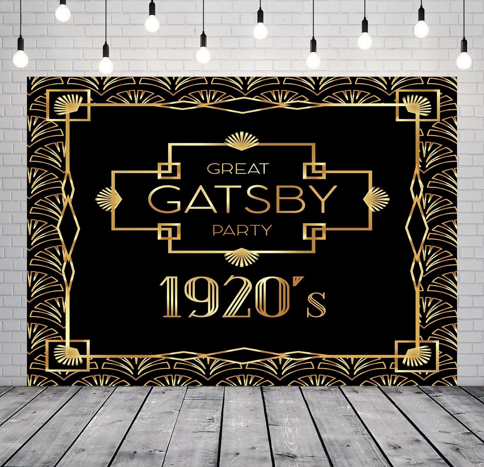 CORFOTO Fabric 9x6ft Gatsby Backdrop Photography Background for Birthday Party Decoration Black Gold Pattern Retro 1920s Roaring Holiday Celebration Prom Banner Dining Room Wall Hanging Props