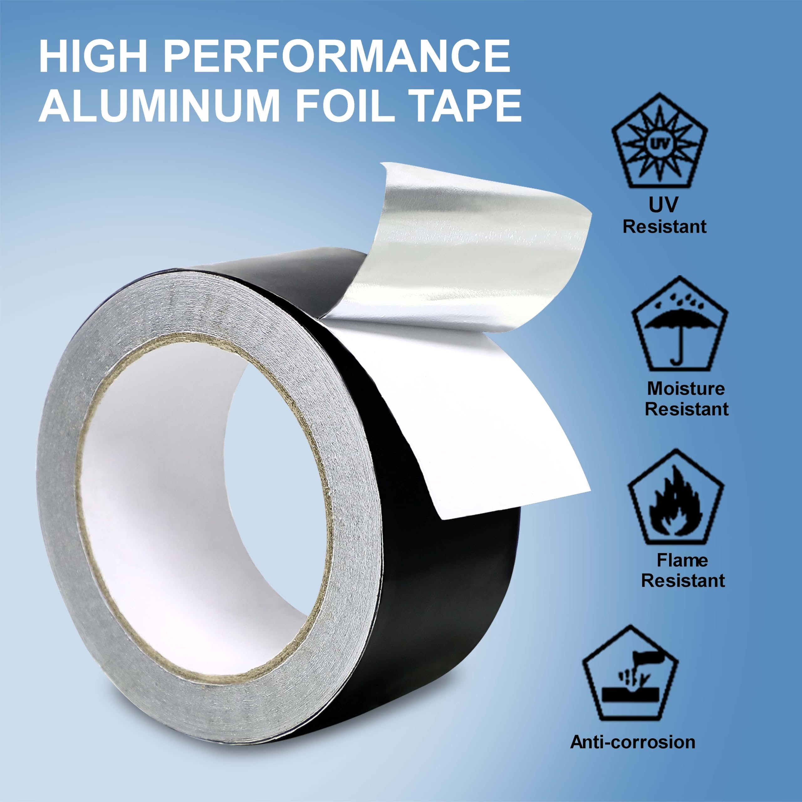 SICCOMA Black Aluminum Foil Tape 2 in x 65 Feet 3.94 Mil Hot & Cold Shield Resistant Black Foil Tape HVAC Sealing & Patching Hot Cold Air Duct Tape for Pipe, Metal Repair, HVAC, Air Ducts, Insulation