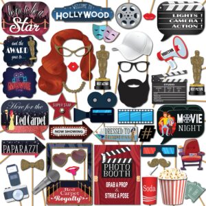 hollywood photo booth props - 41-pc photobooth kit with 8 x 10-inch sign, 60 adhesive pads, 45 sticks - movie night supplies - hollywood party decorations