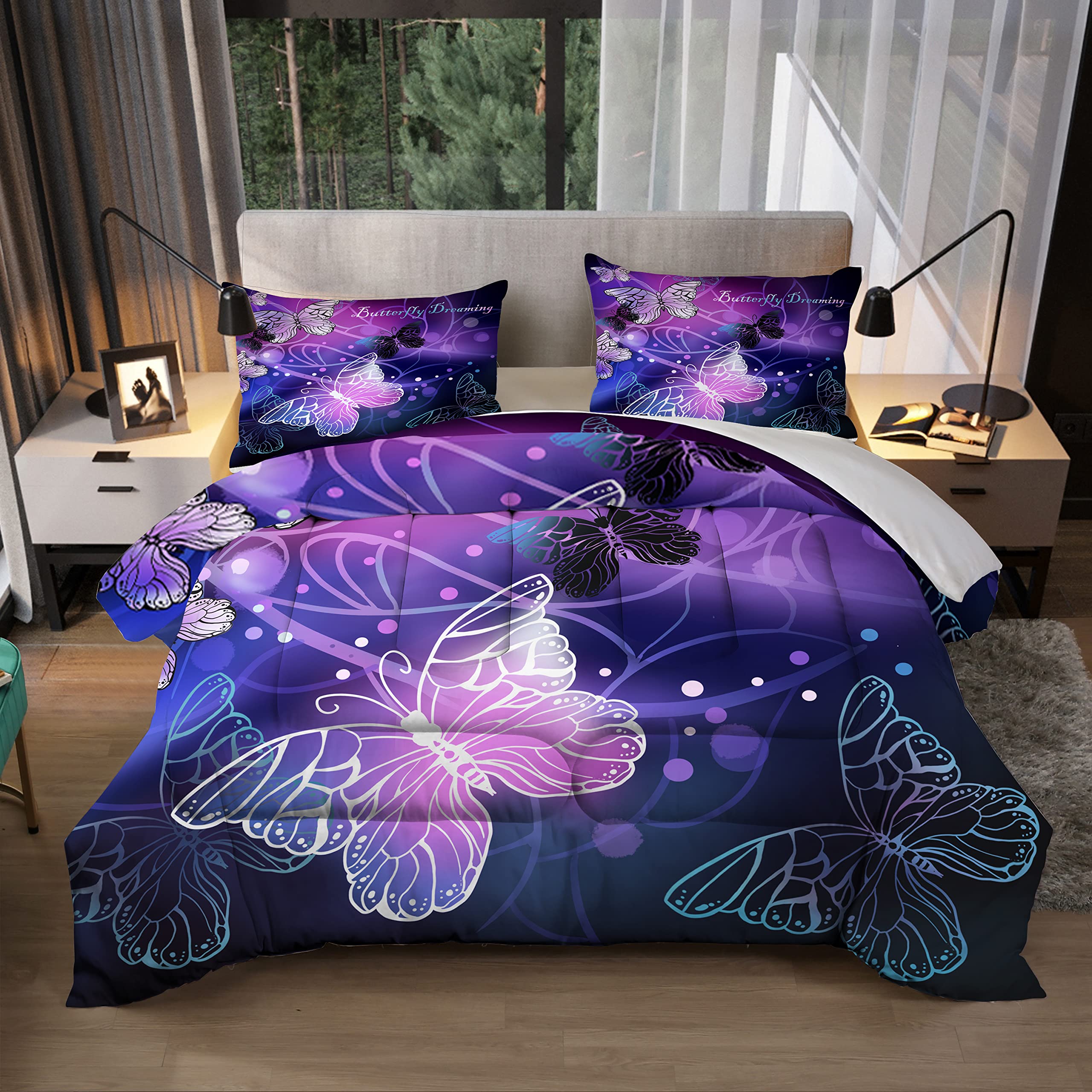 Sunnycitron 3D Purple Butterfly Bedding Twin Comforter Set Dreamy Butterfly Comforter Set for Girls and Women, Soft, Breathable, Fade Resistant 3 Piece- Includes 1 Comforter and 2 Pillowcase