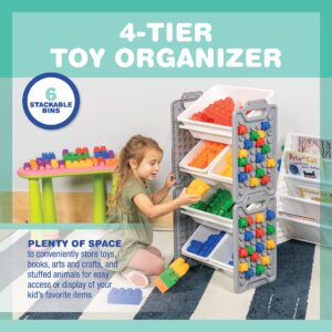 UNiPLAY Toy Organizer with 6 Removable Storage Bins, Multi-Bin Organizer for Books, Building Blocks, School Materials, Toys with Baseplate Board Frame (Gray)