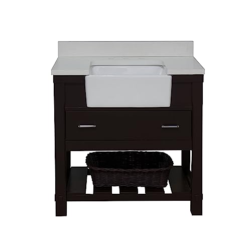 Charlotte 36-inch Farmhouse Bathroom Vanity (Quartz/Chocolate): Includes Chocolate Cabinet with Stunning Quartz Countertop and White Ceramic Apron Sink