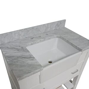 Charlotte 36-inch Farmhouse Bathroom Vanity (Carrara/White): Includes White Cabinet with Authentic Italian Carrara Marble Countertop and White Ceramic Apron Sink