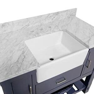 Charlotte 42-inch Farmhouse Bathroom Vanity (Carrara/Marine Gray): Includes Marine Gray Cabinet with Authentic Italian Carrara Marble Countertop and White Ceramic Apron Sink