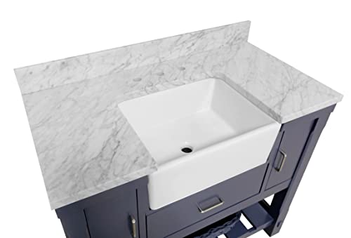 Charlotte 42-inch Farmhouse Bathroom Vanity (Carrara/Marine Gray): Includes Marine Gray Cabinet with Authentic Italian Carrara Marble Countertop and White Ceramic Apron Sink