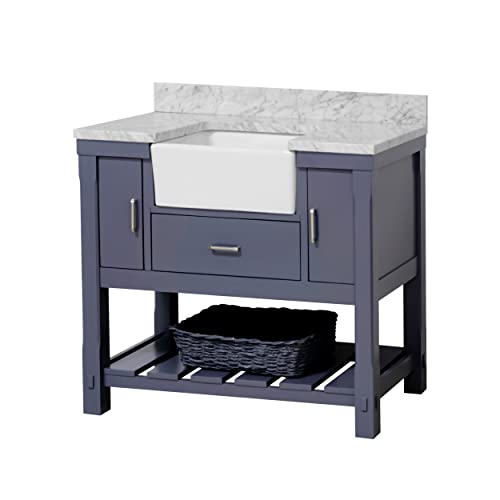 Charlotte 42-inch Farmhouse Bathroom Vanity (Carrara/Marine Gray): Includes Marine Gray Cabinet with Authentic Italian Carrara Marble Countertop and White Ceramic Apron Sink