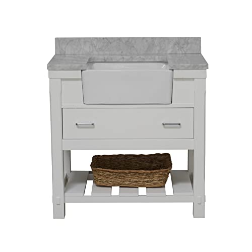 Charlotte 36-inch Farmhouse Bathroom Vanity (Carrara/White): Includes White Cabinet with Authentic Italian Carrara Marble Countertop and White Ceramic Apron Sink