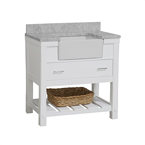 Charlotte 36-inch Farmhouse Bathroom Vanity (Carrara/White): Includes White Cabinet with Authentic Italian Carrara Marble Countertop and White Ceramic Apron Sink