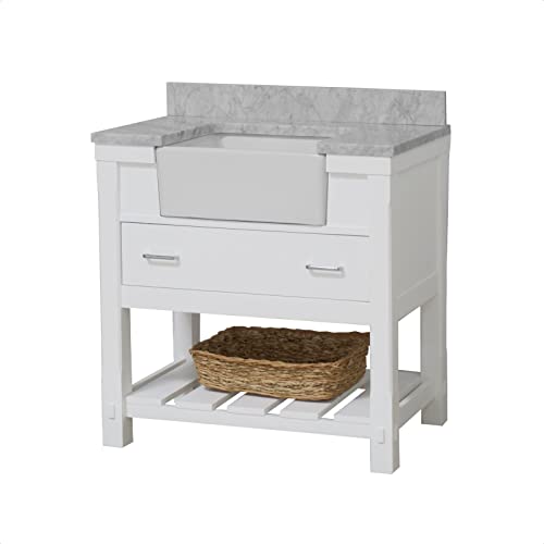 Charlotte 36-inch Farmhouse Bathroom Vanity (Carrara/White): Includes White Cabinet with Authentic Italian Carrara Marble Countertop and White Ceramic Apron Sink