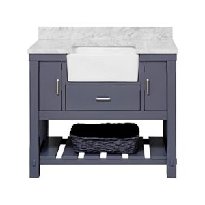 Charlotte 42-inch Farmhouse Bathroom Vanity (Carrara/Marine Gray): Includes Marine Gray Cabinet with Authentic Italian Carrara Marble Countertop and White Ceramic Apron Sink