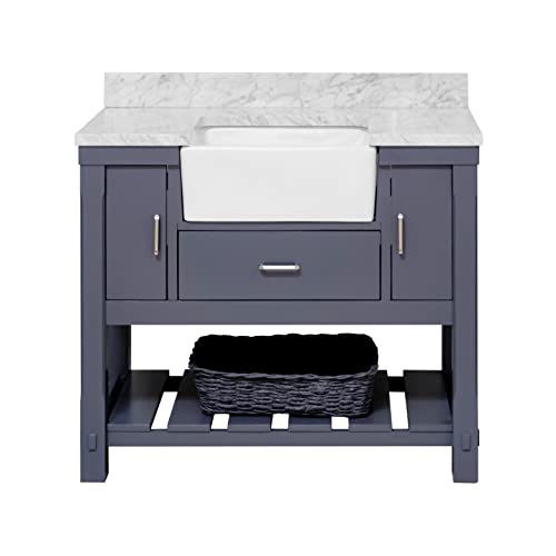 Charlotte 42-inch Farmhouse Bathroom Vanity (Carrara/Marine Gray): Includes Marine Gray Cabinet with Authentic Italian Carrara Marble Countertop and White Ceramic Apron Sink