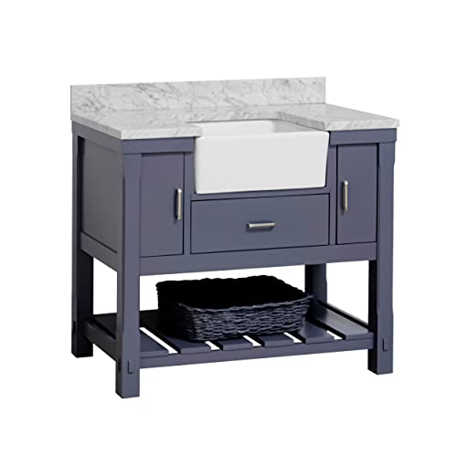 Charlotte 42-inch Farmhouse Bathroom Vanity (Carrara/Marine Gray): Includes Marine Gray Cabinet with Authentic Italian Carrara Marble Countertop and White Ceramic Apron Sink