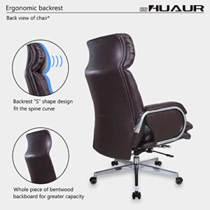 HUAUR Genuine Leather Modern Executive Chair High-Back Support 90 to 150 Degrees Tilt and Upholstered Home Desk Chair with Base 400LB Capacity Swivel Computer Office Chair (Brown)