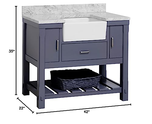 Charlotte 42-inch Farmhouse Bathroom Vanity (Carrara/Marine Gray): Includes Marine Gray Cabinet with Authentic Italian Carrara Marble Countertop and White Ceramic Apron Sink