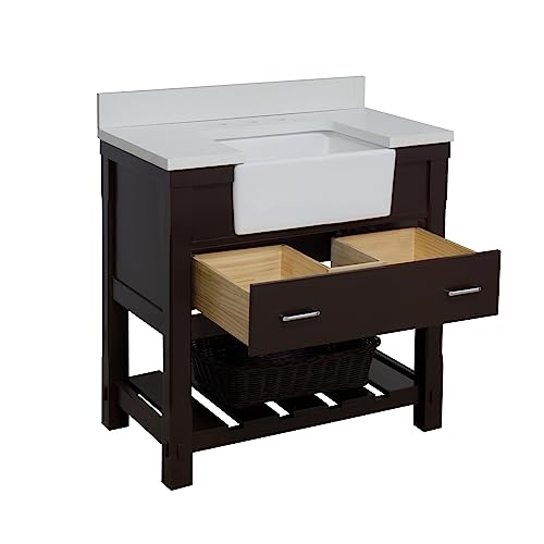 Charlotte 36-inch Farmhouse Bathroom Vanity (Quartz/Chocolate): Includes Chocolate Cabinet with Stunning Quartz Countertop and White Ceramic Apron Sink