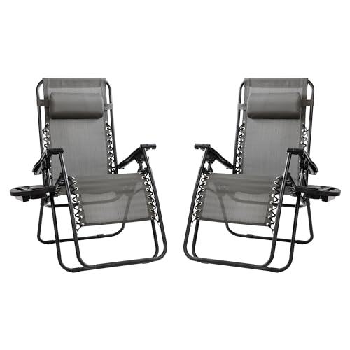 Flash Furniture Celestial Adjustable Folding Mesh Zero Gravity Reclining Lounge Chair with Pillow and Cup Holder Tray in Gray, Set of 2