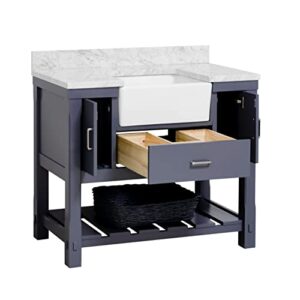 Charlotte 42-inch Farmhouse Bathroom Vanity (Carrara/Marine Gray): Includes Marine Gray Cabinet with Authentic Italian Carrara Marble Countertop and White Ceramic Apron Sink