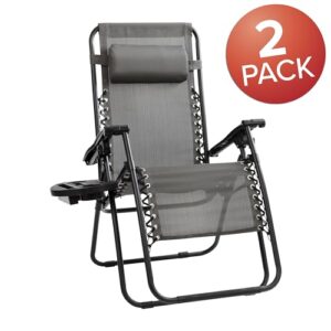 Flash Furniture Celestial Adjustable Folding Mesh Zero Gravity Reclining Lounge Chair with Pillow and Cup Holder Tray in Gray, Set of 2