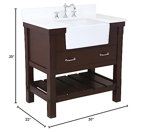 Charlotte 36-inch Farmhouse Bathroom Vanity (Quartz/Chocolate): Includes Chocolate Cabinet with Stunning Quartz Countertop and White Ceramic Apron Sink