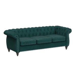 ONCIN Velvet Chesterfield Sofa, 84 inch Modern Tufted 3 Seater Couch with Scroll Arms and Wood Legs for Living Room Bedroom (Green)