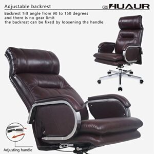 HUAUR Genuine Leather Modern Executive Chair High-Back Support 90 to 150 Degrees Tilt and Upholstered Home Desk Chair with Base 400LB Capacity Swivel Computer Office Chair (Brown)