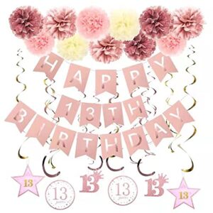 guozhixin rose gold 13th birthday party decors , rose gold glittery happy 13th birthday banner,poms,sparkling hanging swirls kit for 13th birthday party supplies