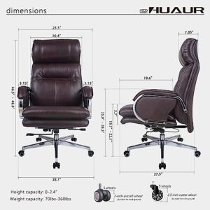 HUAUR Genuine Leather Modern Executive Chair High-Back Support 90 to 150 Degrees Tilt and Upholstered Home Desk Chair with Base 400LB Capacity Swivel Computer Office Chair (Brown)