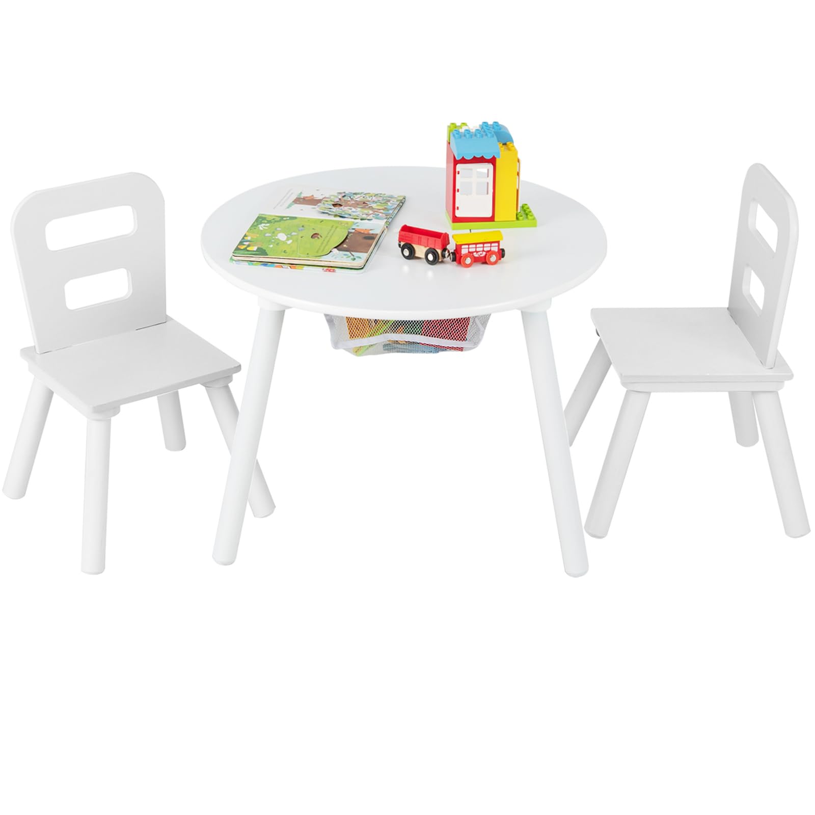 HONEY JOY Kids Table and Chair Set, Wooden Children Activity Table and 2 Chairs for Art & Craft, Storage Mesh Basket, 3-Piece Toddler Furniture Set for Daycare & Playroom, Gift for Boys Girls (White)