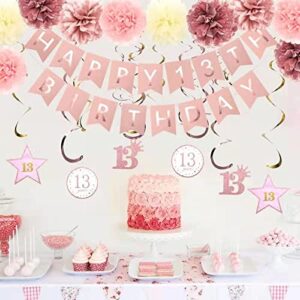 GuoZhiXin Rose Gold 13th Birthday Party Decors , Rose gold Glittery Happy 13th Birthday Banner,Poms,Sparkling Hanging Swirls Kit for 13th Birthday Party Supplies