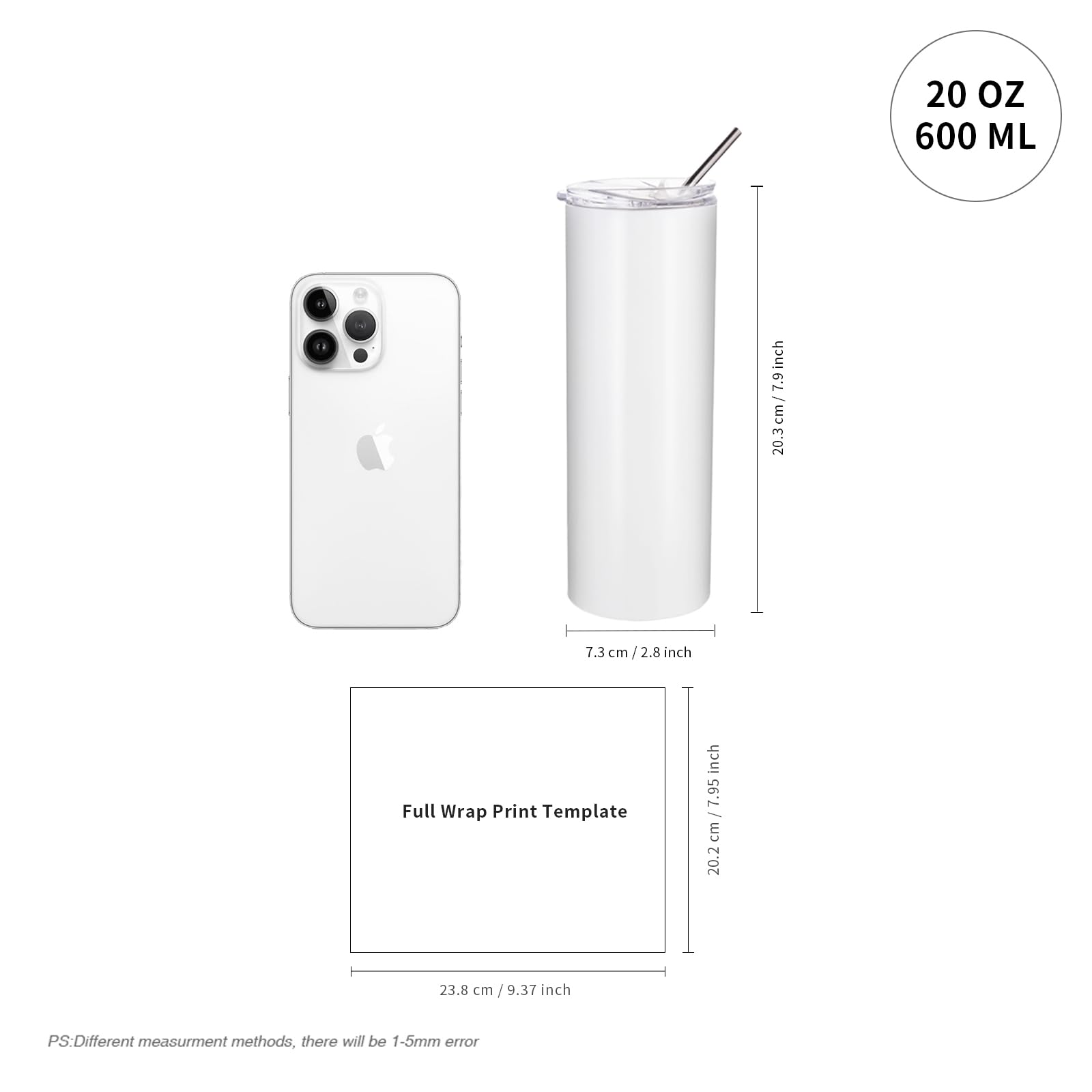 PYD Life 24 Pack Sublimation Tumbler Blanks Skinny 20 OZ White Straight Bulk Stainless Steel Tumbler with Metal Straw and Lid for Tumbler Heat Press Machine Sublimation Print