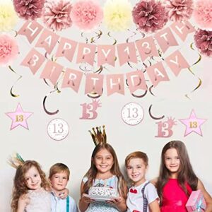 GuoZhiXin Rose Gold 13th Birthday Party Decors , Rose gold Glittery Happy 13th Birthday Banner,Poms,Sparkling Hanging Swirls Kit for 13th Birthday Party Supplies