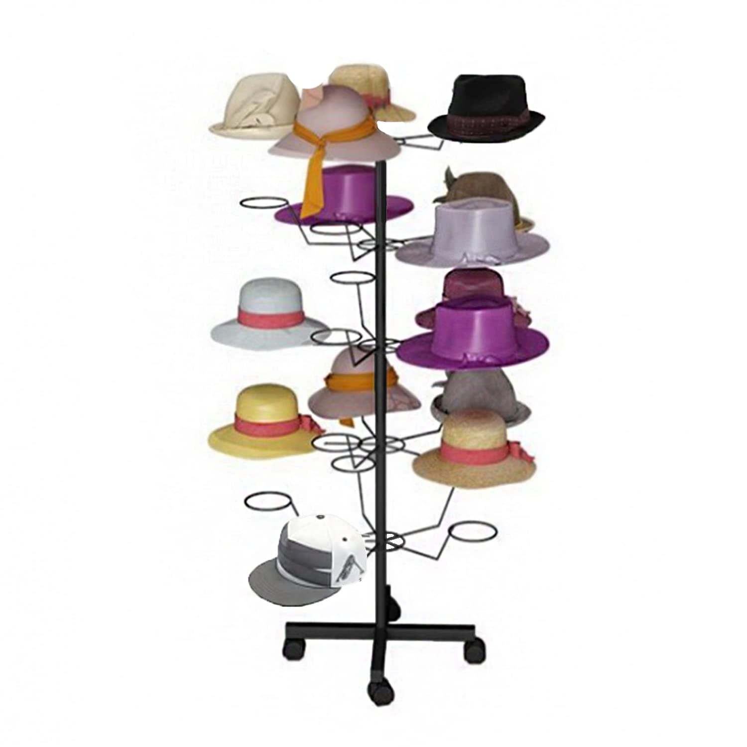 uyoyous Modern Hat Rack Display, Freestanding Metal Hat Organizer Rack, 5-Tier Wig Display Stand with 25 Circular Hooks, Metal Floor Rack for Hats and Wigs