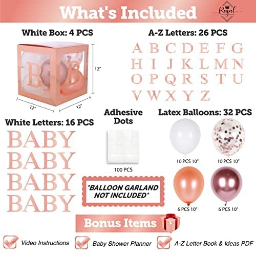 82PCS Rose Gold Baby Shower Decorations For Girl Kit - Jumbo Transparent Baby Block Balloon Box Includes BABY, Alphabet Letters DYI, White Gold Balloons, Gender Reveal 1st Birthday Party Backdrop