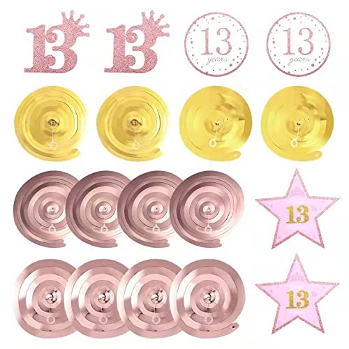 GuoZhiXin Rose Gold 13th Birthday Party Decors , Rose gold Glittery Happy 13th Birthday Banner,Poms,Sparkling Hanging Swirls Kit for 13th Birthday Party Supplies