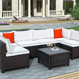 GAOPAN 7 Piece Garden Outdoor Modular Wicker Furniture Set, Sectional Rattan Sofa Patio Lounge & Deep Seating Conversation Furnishings with Cushions,Accent Pillows & Coffee Table, White+Black