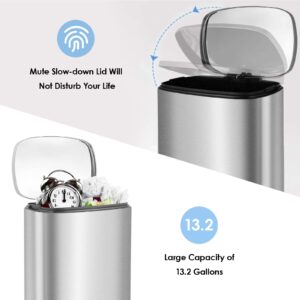 Increkid 13.2 Gallon Trash Can, Stainless Steel Kitchen Garbage Bin with Inner Buckets and Hinged Lid, Rectangular Step on Dustbin, Soft-Close, Airtight for Home Office Bathroom Mall（50 L） (Silver)