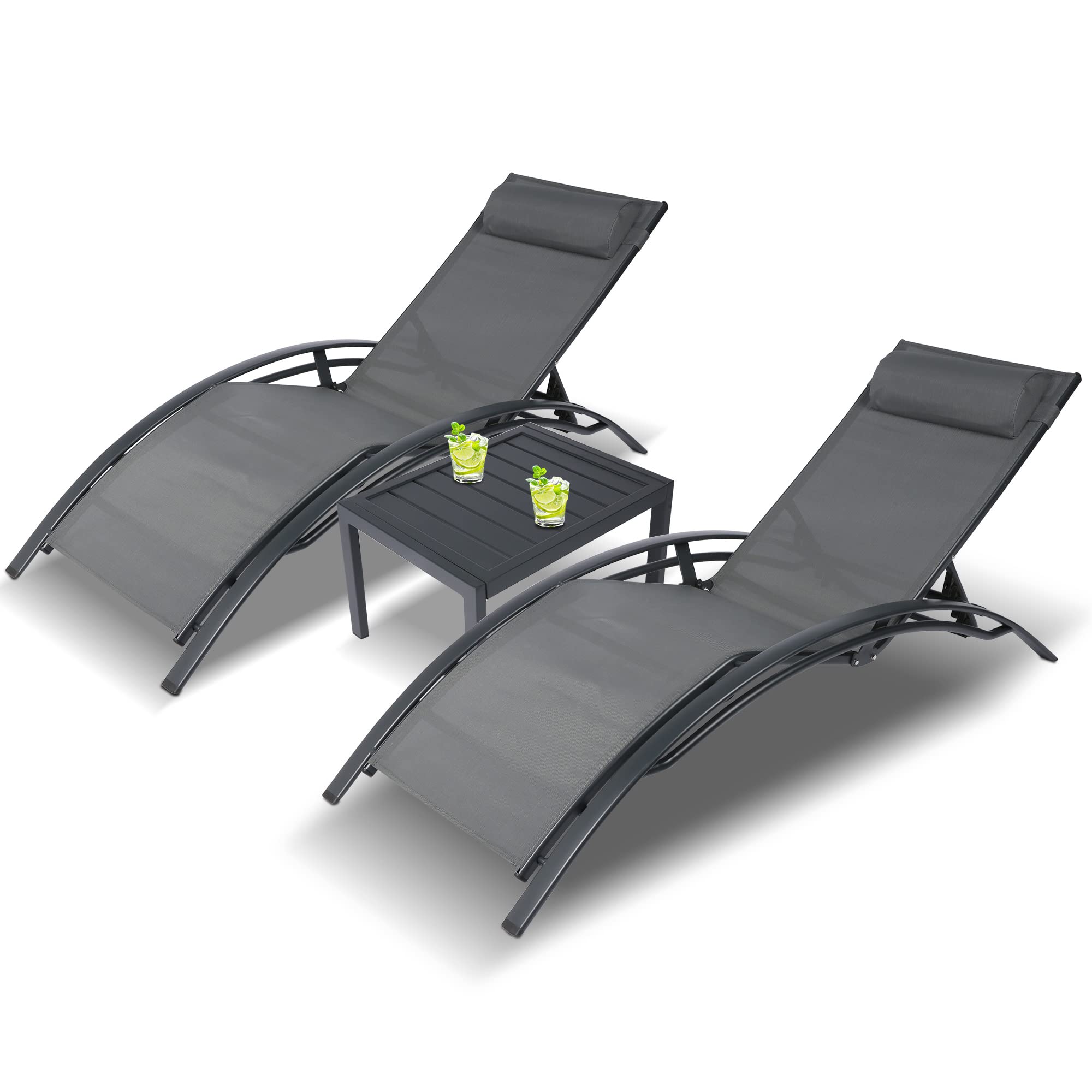 Outdoor Chaise Lounge Set of 3 Pool Lounge Chairs for Outside, Patio Lounge Chairs Set with Adjustable Backrest for All Weather, Including Side Table, 350lbs Weight Capacity Pool Furniture Set, Grey