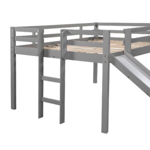 Harper & Bright Designs Full Loft Bed with Slide for Kids Wood Low Loft Bed with Chalkboard, Ladder, Guardrail, Kids Loft Bed Frame for Livingroom, Bedroom, Guest Room (Full, Grey)