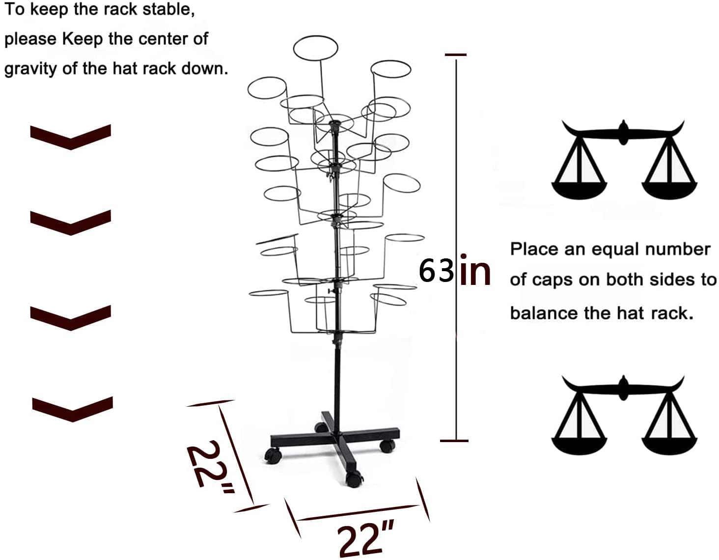 uyoyous Modern Hat Rack Display, Freestanding Metal Hat Organizer Rack, 5-Tier Wig Display Stand with 25 Circular Hooks, Metal Floor Rack for Hats and Wigs