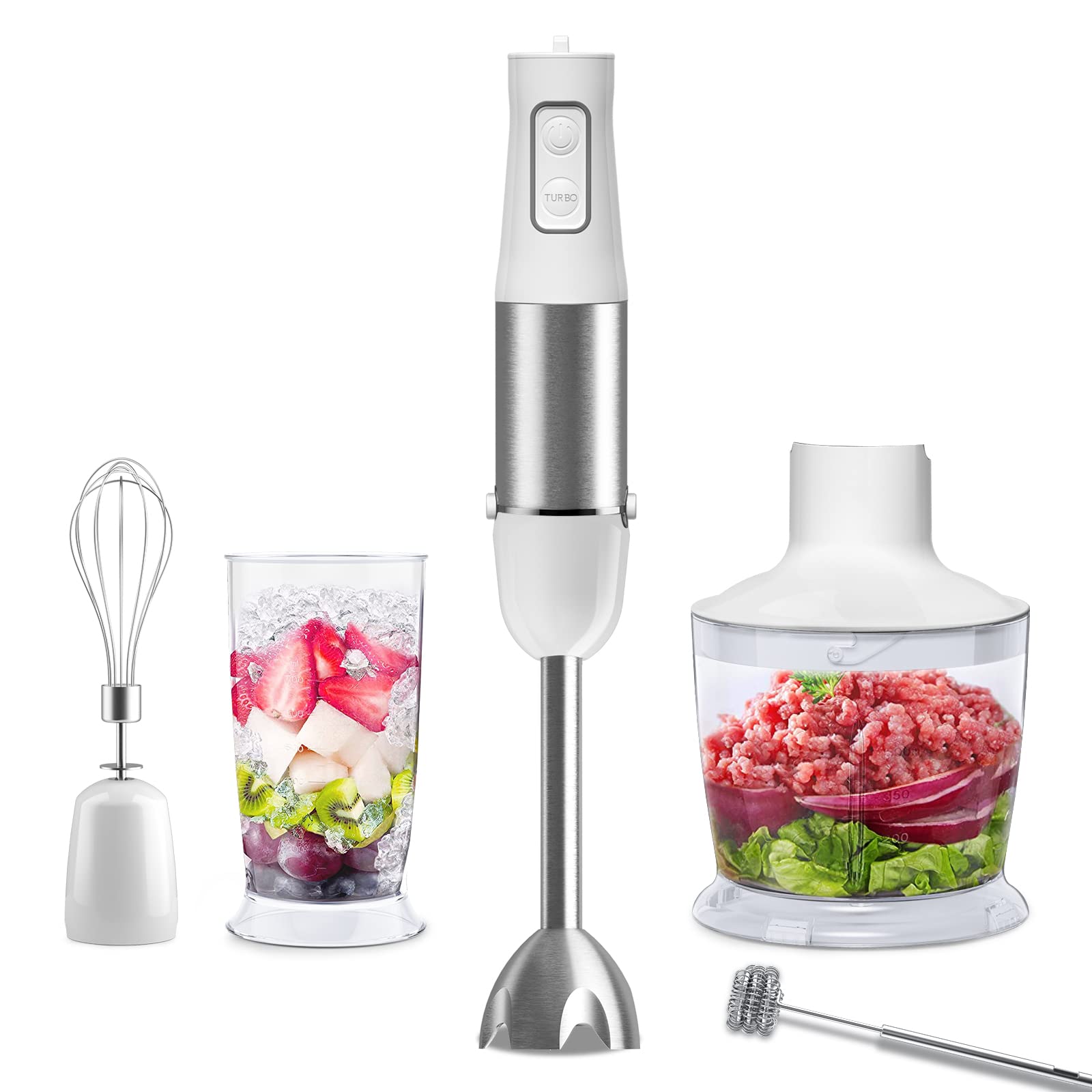 Enfmay 5-in-1 Immersion Hand Blender, 500W 6-Speed Handheld Stick Blender with Stainless Steel Blades,Whisk & Milk Frother, BPA-Free Chopper Beaker for Soups, Smoothies, Sauces, Baby Foods, White