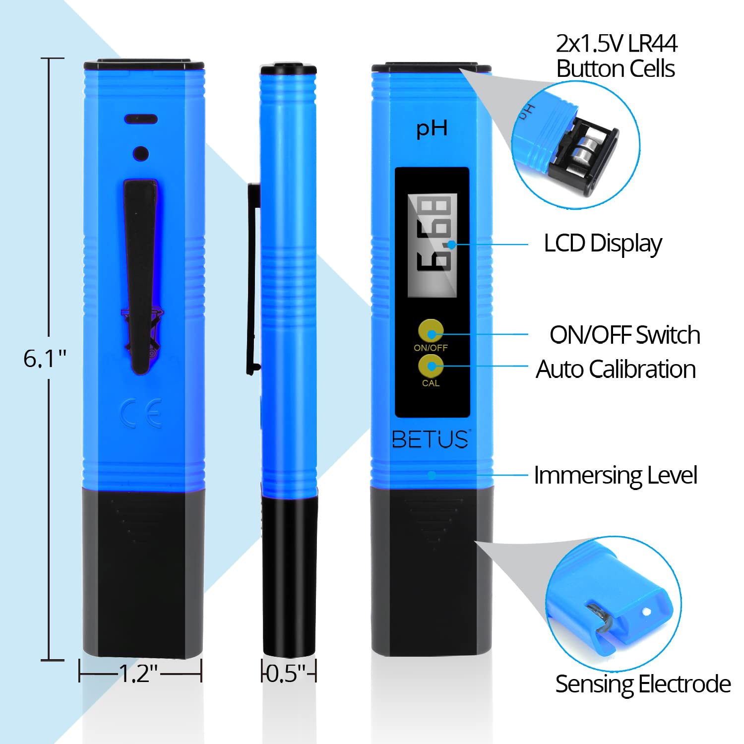 Betus Digital pH Meter for Water - pH Tester with 0.01pH Accuracy, 0-60 Celsius, 0-14 PH Measurement Range - Drinking Brewing Food Hydroponics Aquariums (Blue)