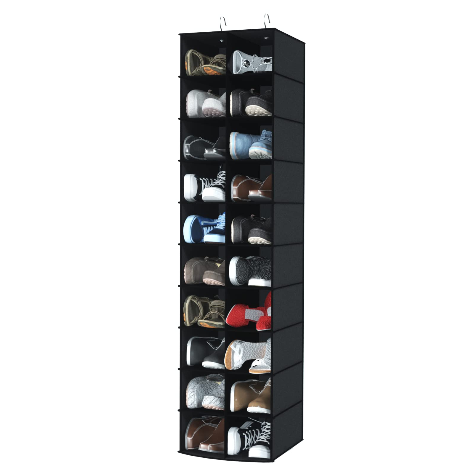 Libeder Hanging Shoe Organizer for Closet, Hanging Closet Organizers 20 Section Shoe Shelves, Space Saving Shoe Holder & Storage, Black, 12''W×12''Dx 50''H