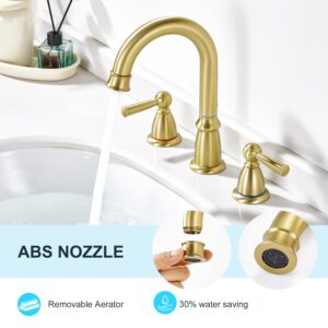 CREA Widespread Bathroom Faucet 3 Hole Brushed Gold Sink Faucet 8 inch with Pop Up Drain 2 Handle 4 inch Faucets for Vanity Lavatory Basin Restroom Bath Sink