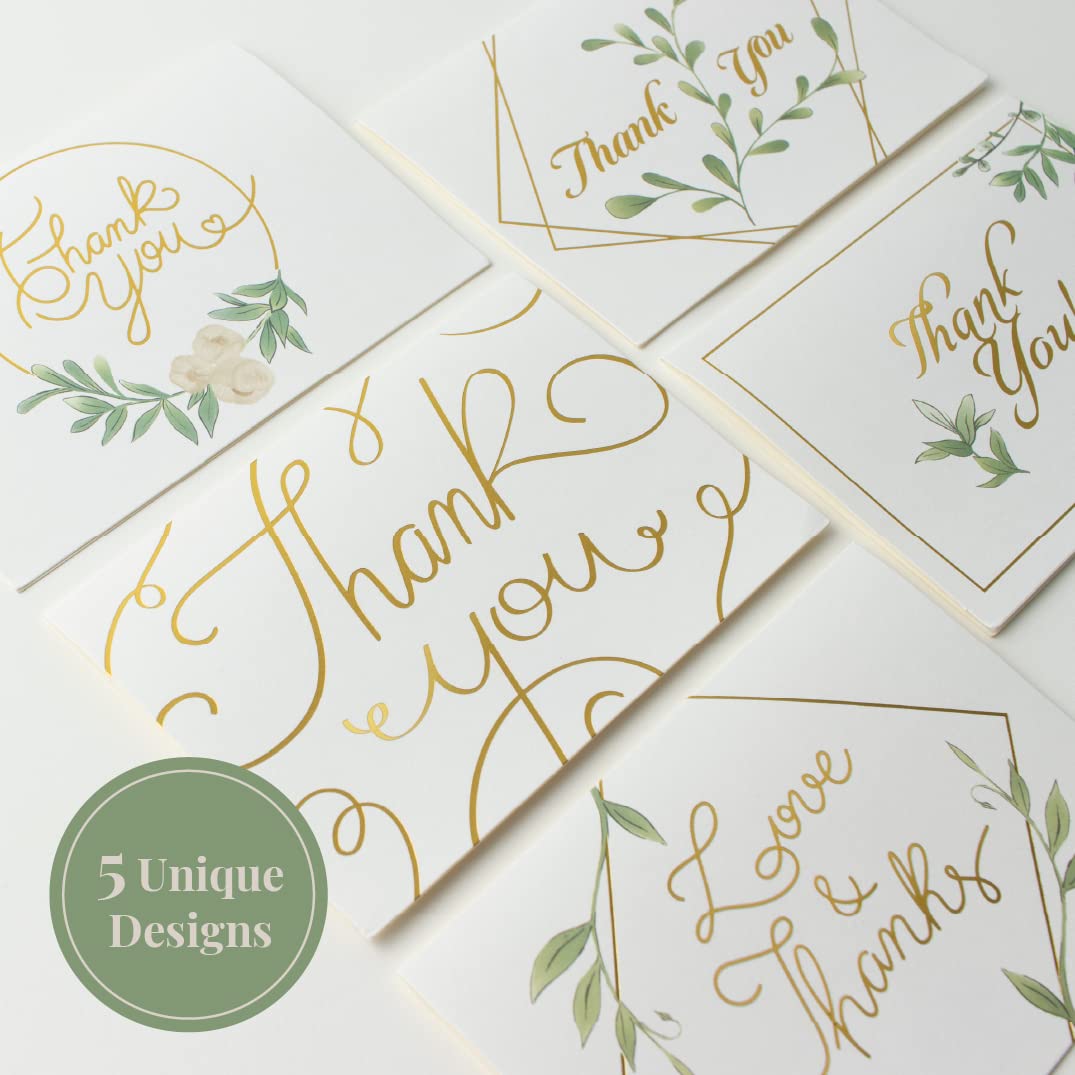 Rileys & Co Thank You Wedding Cards, Gold Foil, Classic Wedding Cards 50 Count, with Stickers & Envelopes | Bulk Thank You Cards with Envelopes | Wedding Thank You Cards Greenery and Gold